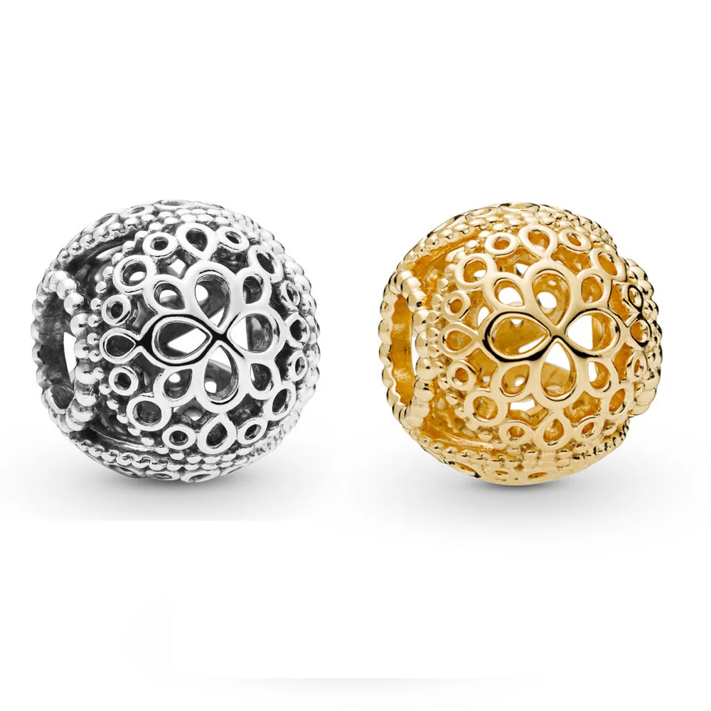 

2019 Spring Real 925 Sterling Silver Bead Gold Openwork Flower Charm Fit Original Women Pandora Bangle Bracelet Diy Jewelry