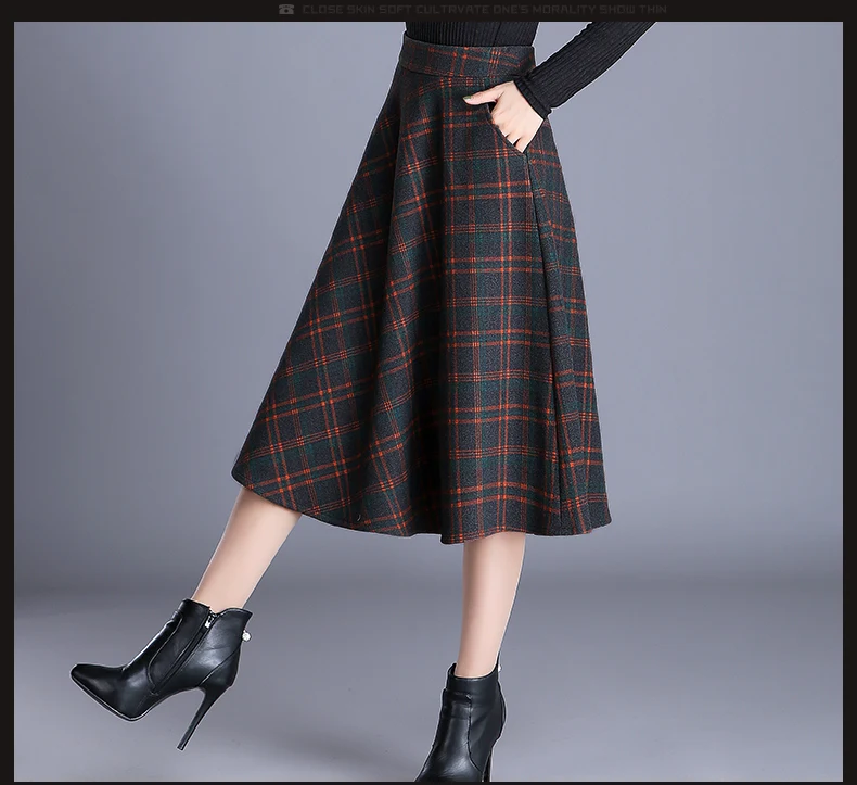 S-4XL New Women's Wool Blends Skirts Winter Autumn Fashion Elegant Printed Plaid Thicken Slim Medium Length Skirt Female