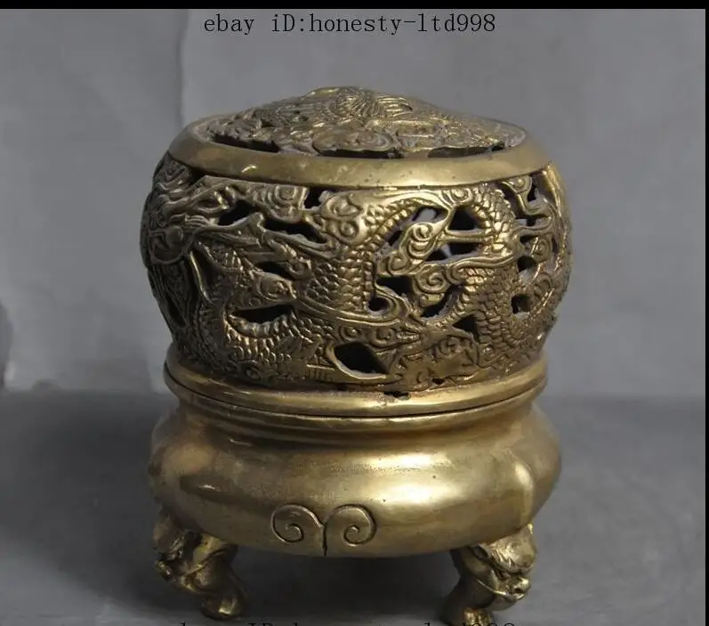 

88006055<<< Mark China Brass Dragon Phoenix Lucky Statue Openwork Incense burner Censer