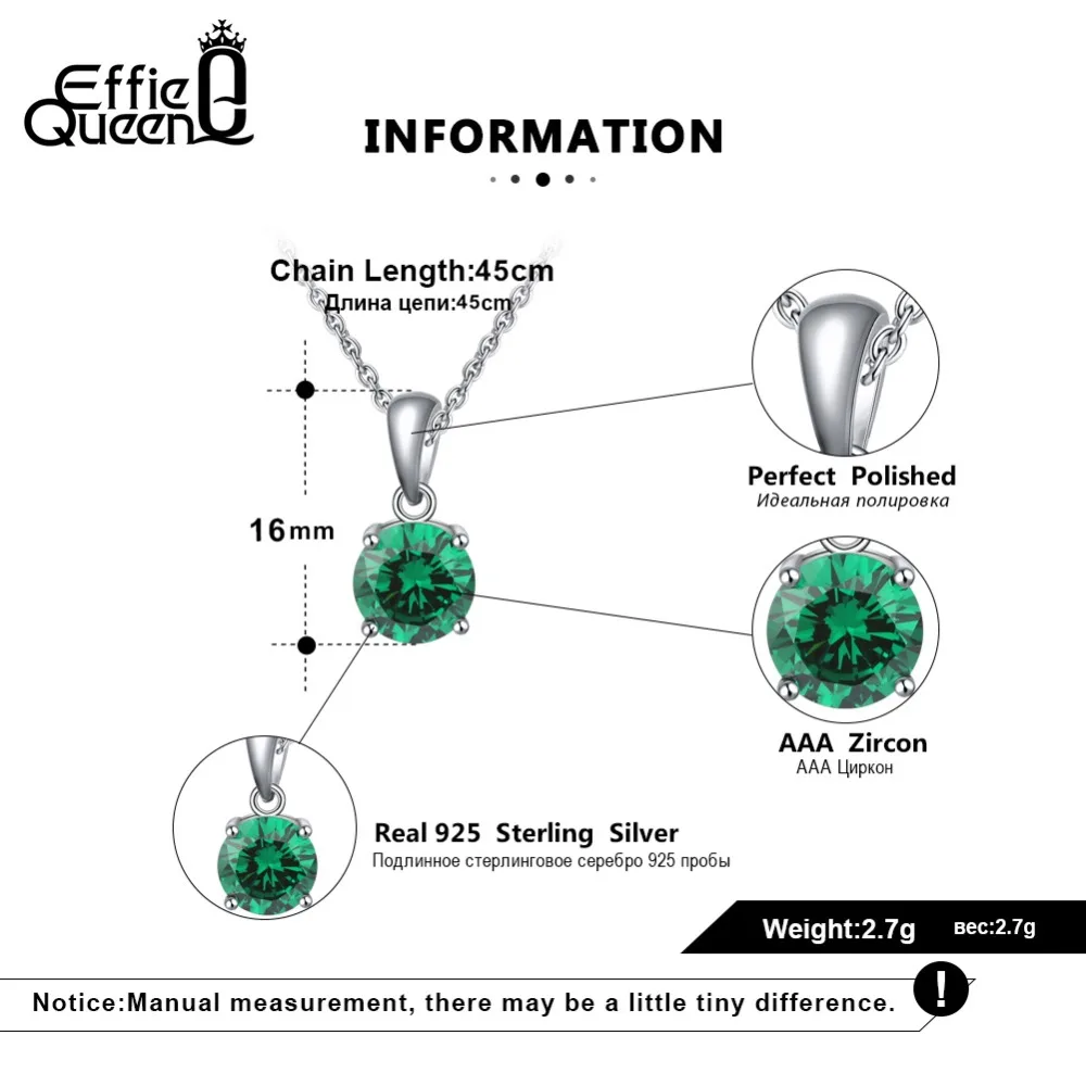 Effie Queen Real 925 Sterling Silver Pendant Necklace Lucky Birthstone Multi Color Zircons Stud Necklaces Women Jewelry BN118 - Image 6