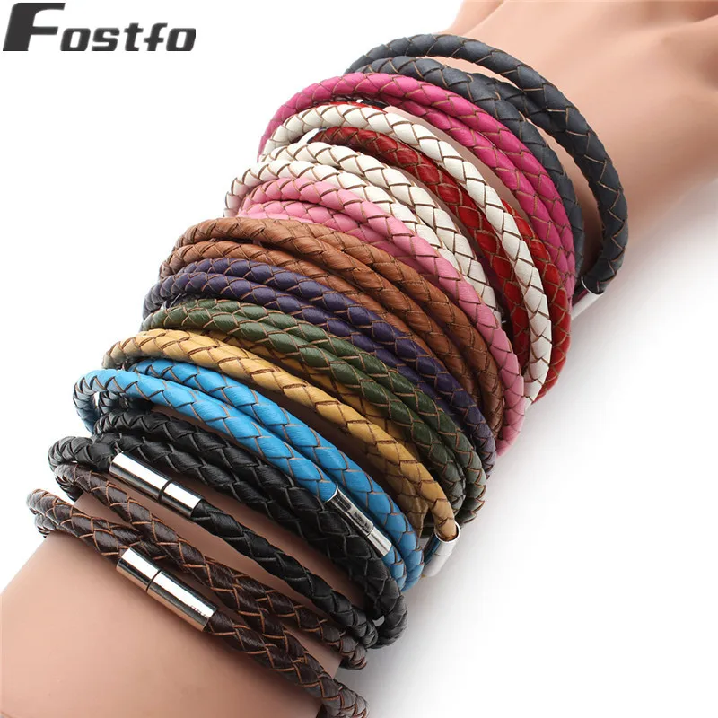 

Fostfo Fashion Genuine Leather Bracelet Stainless Steel Magnetic Clasps 3 Layers Braided Rope Wristband Adjustable Bracelets