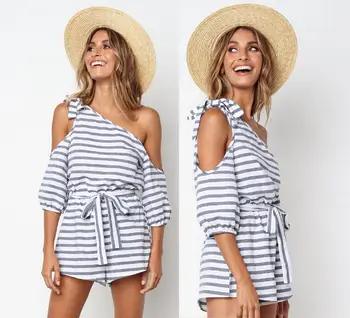 

Striped Romper Summer Women One Shoulder Sexy Playsuit Casual New Fashion 2018 Lady Beach Jumpsuit