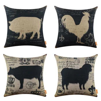 

LINKWELL 45x45cm American Country Farm Life Black Milk Cow Sheep Pig Rooster Chic Pillowcase Burlap Cushion Cover Pillow Case