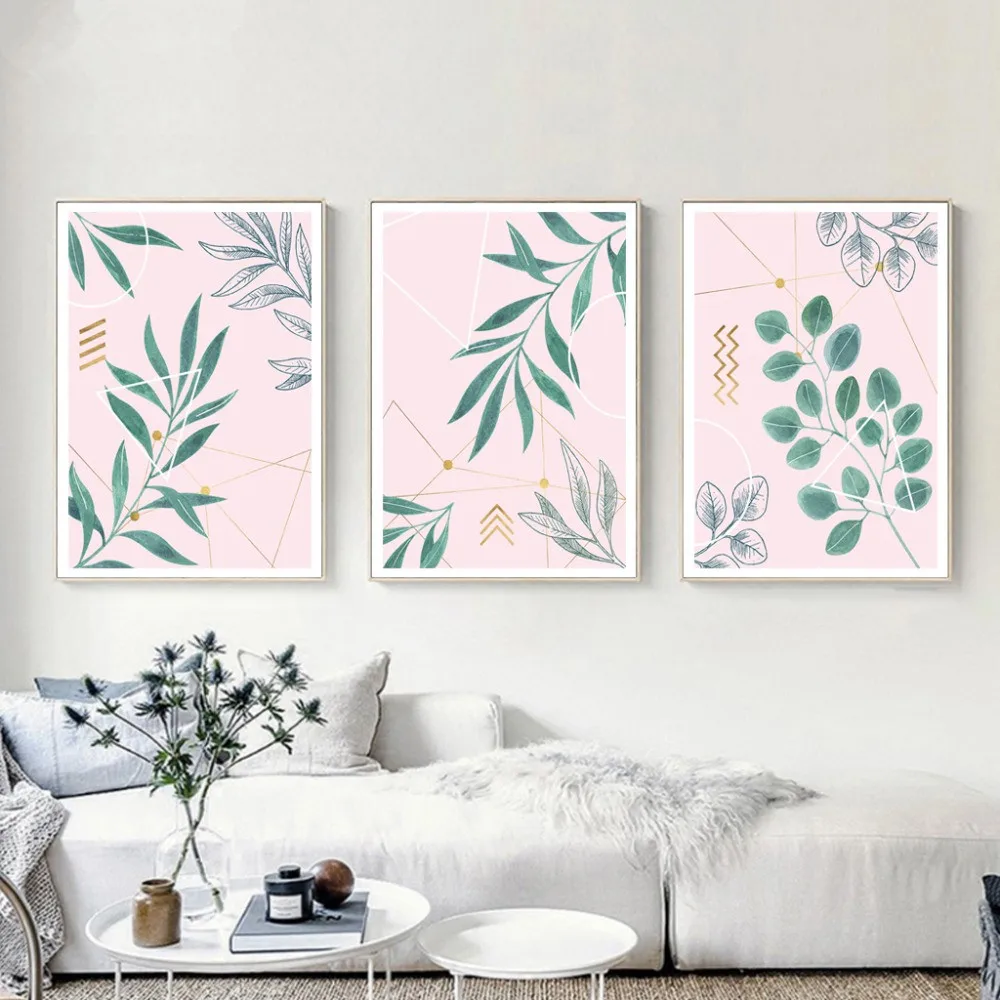 Modern-Nordic-Plant-Leaves-Decoration-Minimalism-Pink-Living-Room-Canvas-Painting-Poster-Geometry-Wall-Picture-For