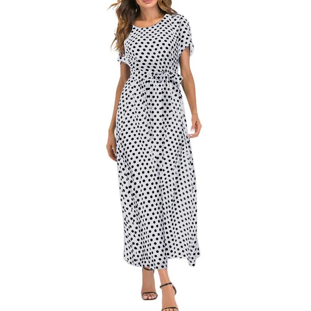 

Summer Ladies Round Neck short-sleeved Straps Beach Wave Dot Print Dress Sleek Minimalist Comfort Summer Beach Dress Women
