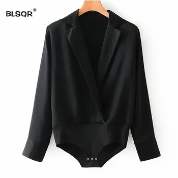 

BLSQR Fashion Women Casual White Color Bodysuit Shirt Long Sleeve Crossover Lapel Collar Lady Office Jumpsuit Playsuit Tops