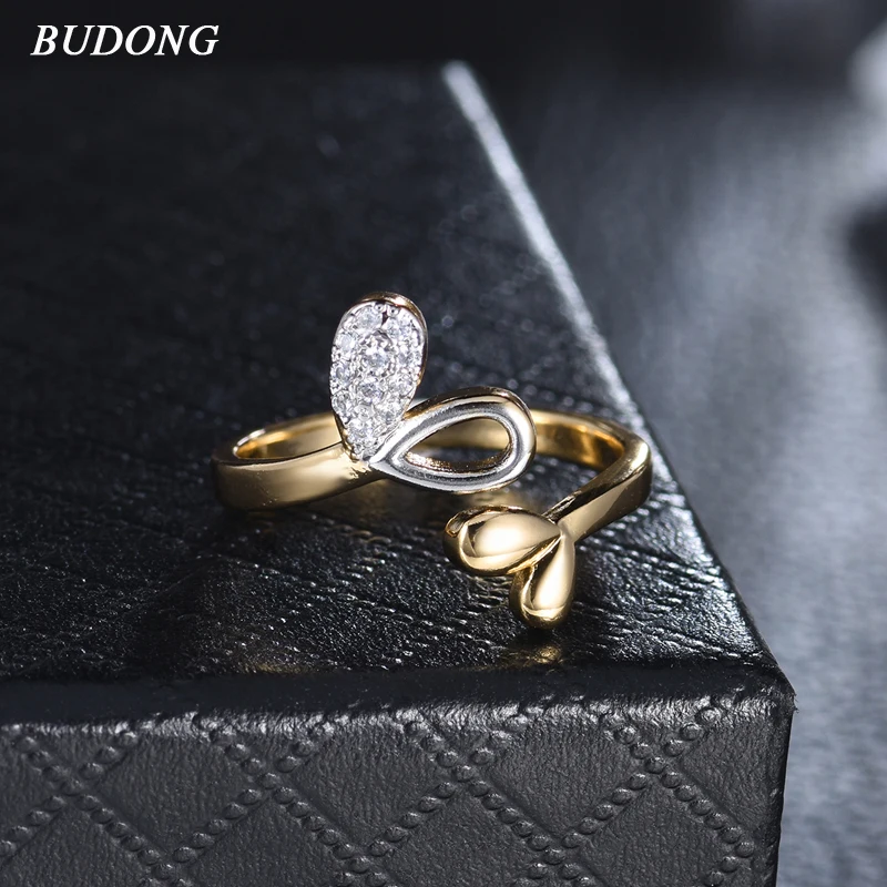 BUDONG Vintage New Arrival Adjustable Classic Loving Leaf CZ Gold Color Open Ring Beautiful Women Party Wedding Jewelry XUR673 | Украшения