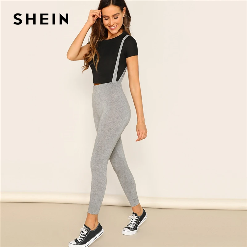 SHEIN Heathered Gray Leggings With Strap Spring Women High Waist Skinny 2019 Athleisure Casual Streetwear Workout Leggings