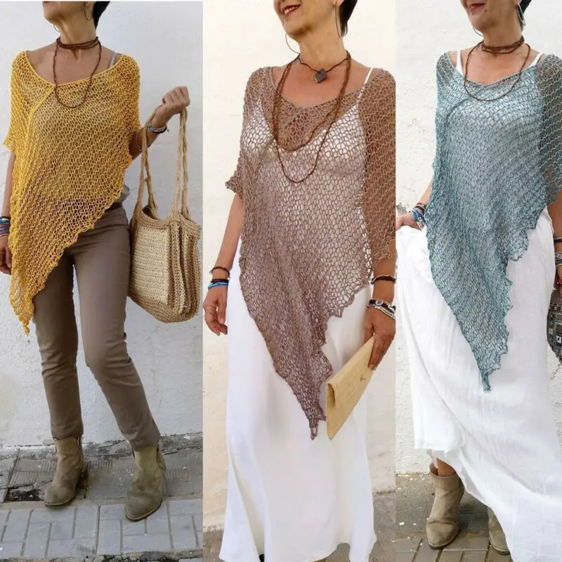 

New Women Sleeveless Off Shoulder Hollow Out Aysmmetric Bikini Cover Up knitting Lace Crochet Kimono Beach Long Blouse Tops