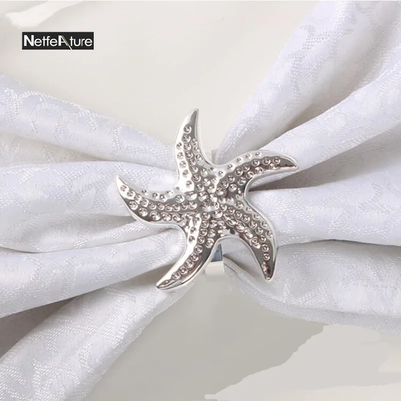 

Free Shipping 12Pcs/Lot Silver Starfish Napkin Rings Serviette Holder Wedding Decoration Table Supplies Party Favor Towel Rings