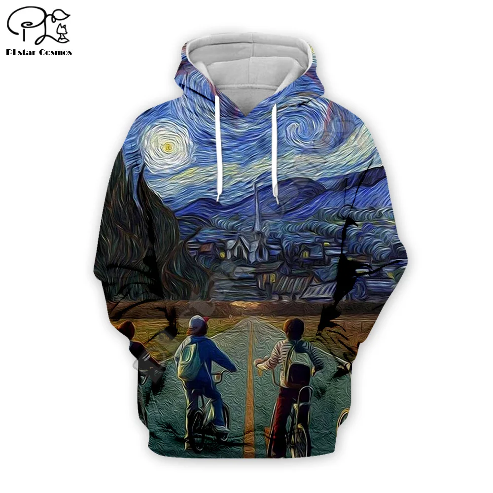 

Van Gogh's sky Stranger Things Season 3 Print autumn Hoodies Men long sleeve Sweatshirt Hooded women Casual pullover zipper Tops