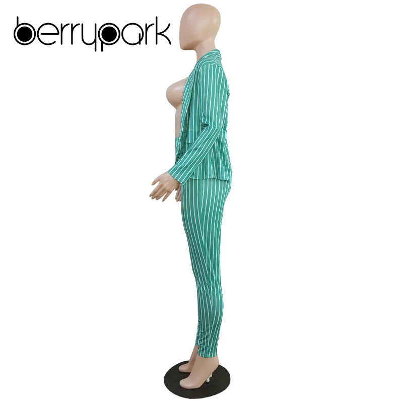 BerryPark New 2019 Formal Suit for Women Casual Business Suitspants Work Wear Sets Office Lady Uniform Elegant Stripe Pant Suits