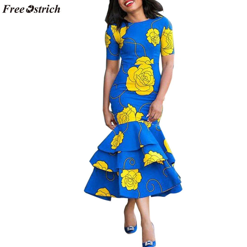 

FREE OSTRICH Vintage women's O-neck flower print dress Slim thin beautiful green ruffled bag hip soft fabric comfortable dress