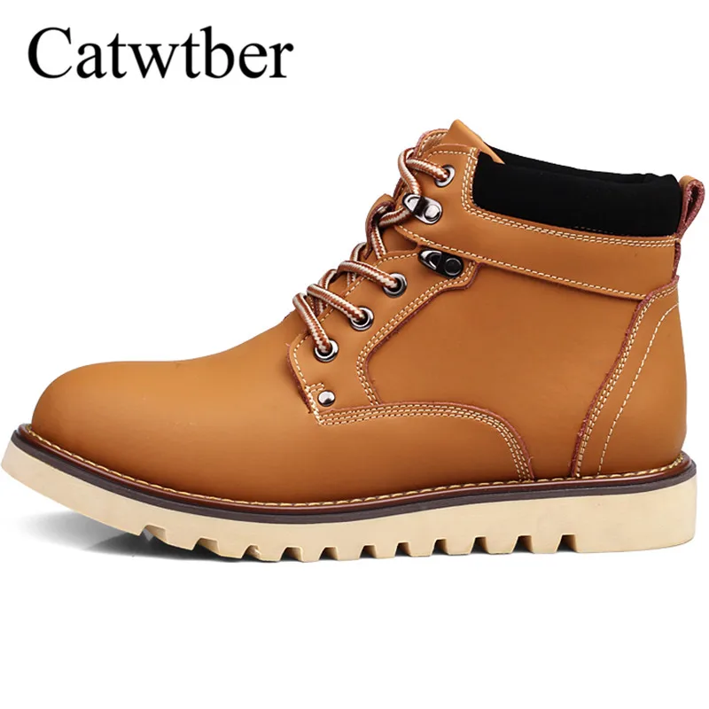 

Catwtber New High Quality Outdoor Fashion Men Ankle Boots Leather Sewing Warm Winter Boots Handmade Short Plush Fur men's Shoes