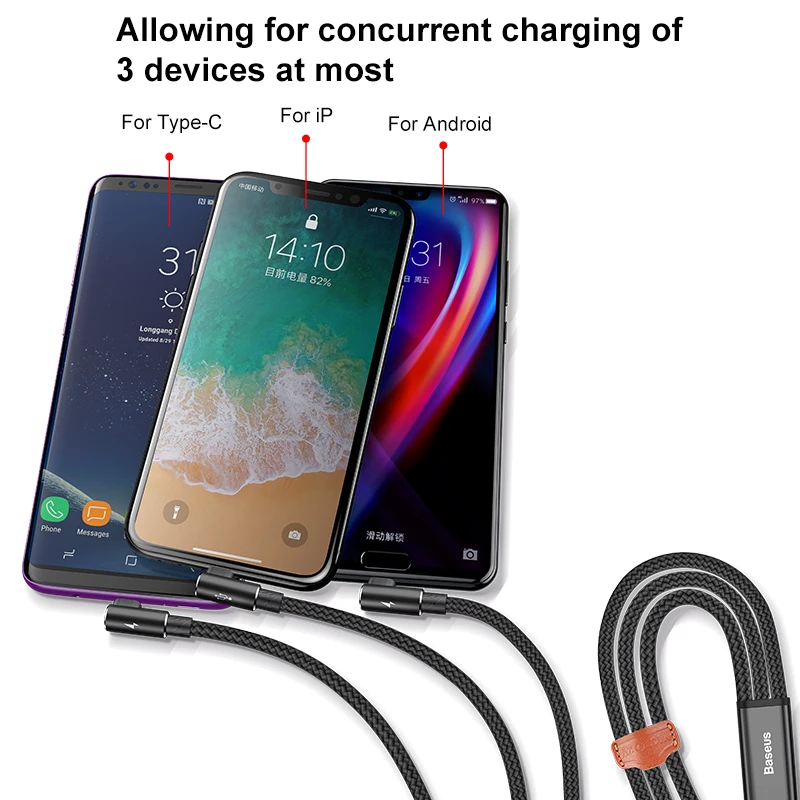 Baseus 90 градусов 3 в 1 USB кабель для iPhone XS Max XR X 8 7 6 6S Зарядный Шнур Micro USB кабель type-c usb type-C кабель