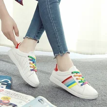 2017 women shoes waterproof PU leather summer cool mixed candy colors rainbow girls shoes flat heel lace up white green 35-40