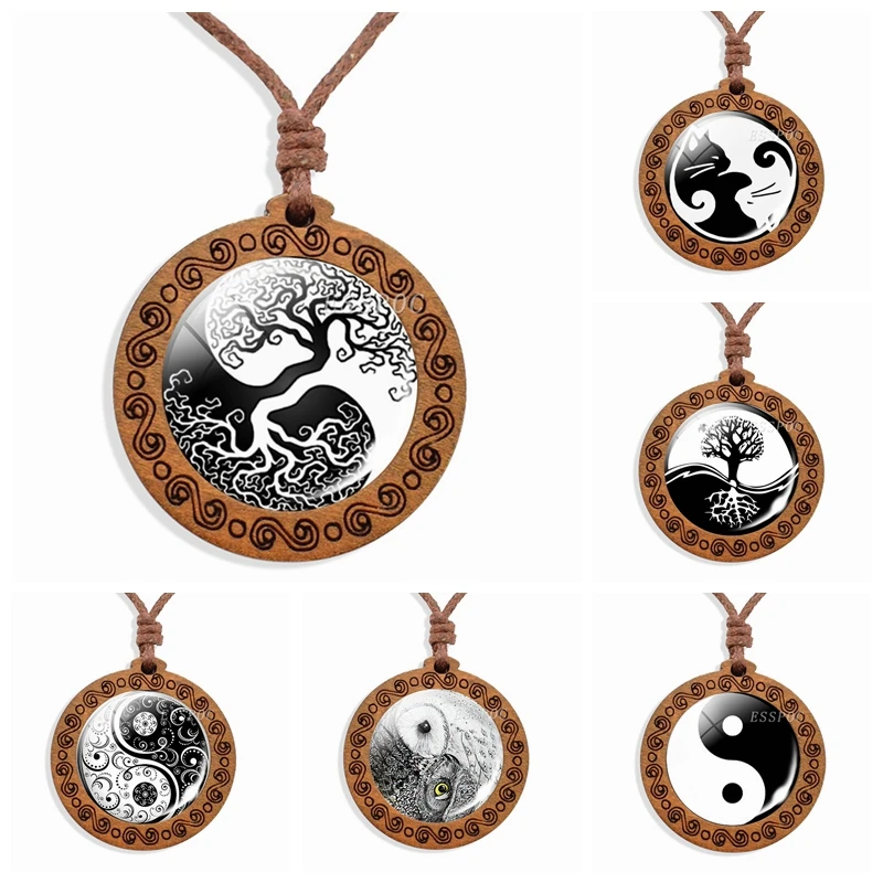 

Yin Yang Jewelry Yin Yang Tree of Life, Tai Chi, Cats, Owls Photo Glass Cabochon Rope Chain Wooden Necklace Vintage Necklace