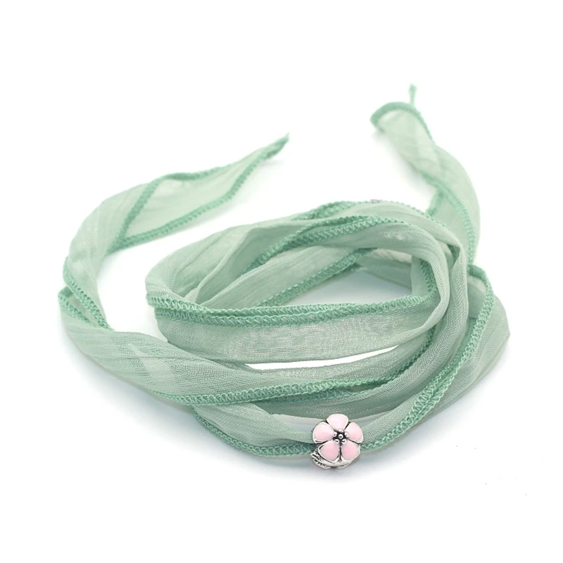 

New Arrival 10 Colors Sari Silk Ribbon Wrap Yoga with Pink Flower Charm Fashion Women Bracelet
