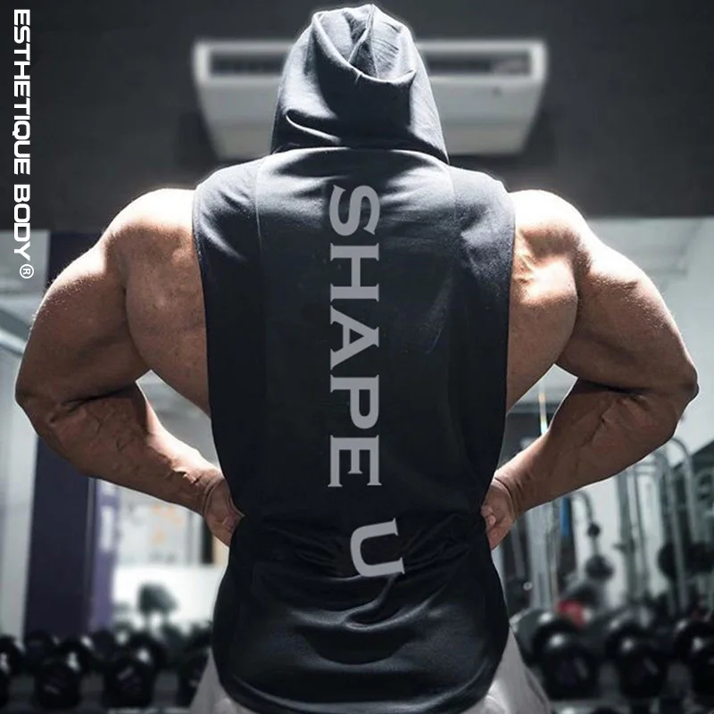 

Tank men summer new hooded tank shirt solid color stitching print brand sportswear Hooded running tank bodybuilding gyms tank