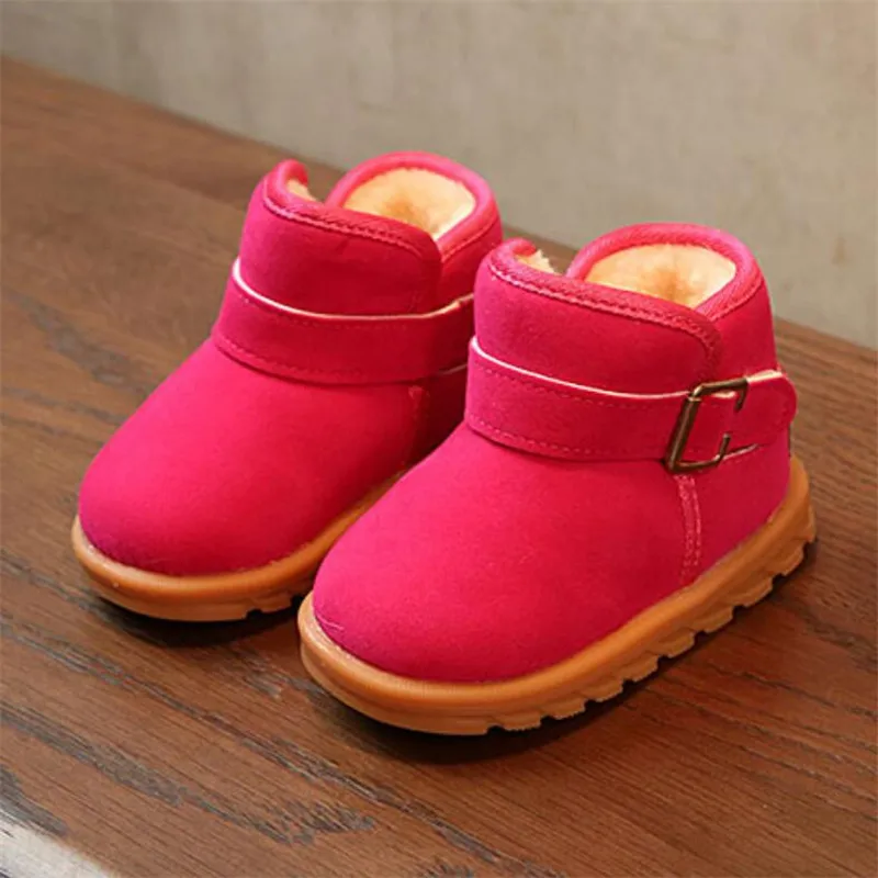 MHYONS/ г. однотонные детские зимние ботинки для мальчиков; Плюшевые Войлочные ботинки для девочек; детские ботинки из искусственной кожи; Теплая обувь унисекс с ремешком - Цвет: Розово-красный