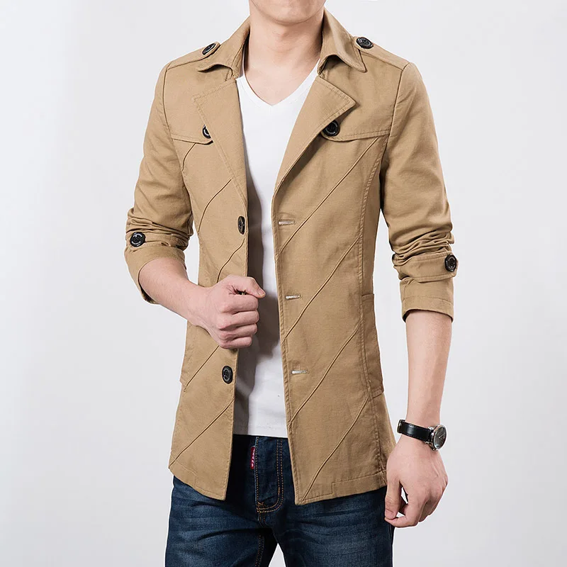 Hot Sale Men Windbreaker Mens Khaki Black Trench Coat Mid