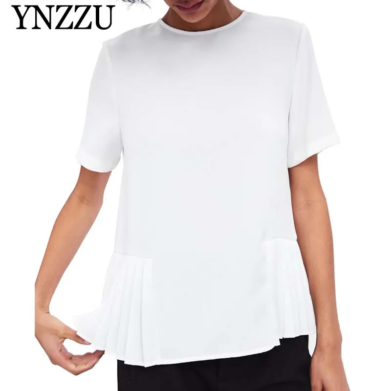 

YNZZU Chiffon Pleated Women Tops 2019 Summer Casual O Neck Short Sleeve Women White T-Shirt Loose Office Lady Shirt YT579