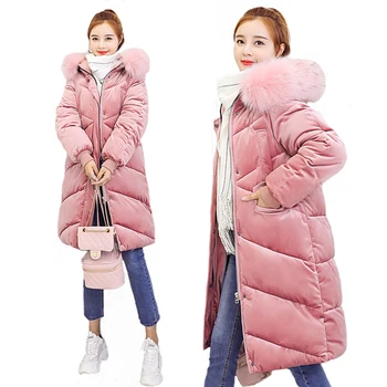 

New Winter Fashion Women Big Size Velour Warm Top Female Casual Long Thickened Down Cotton Fur Collar Overcoat Padded Jacket