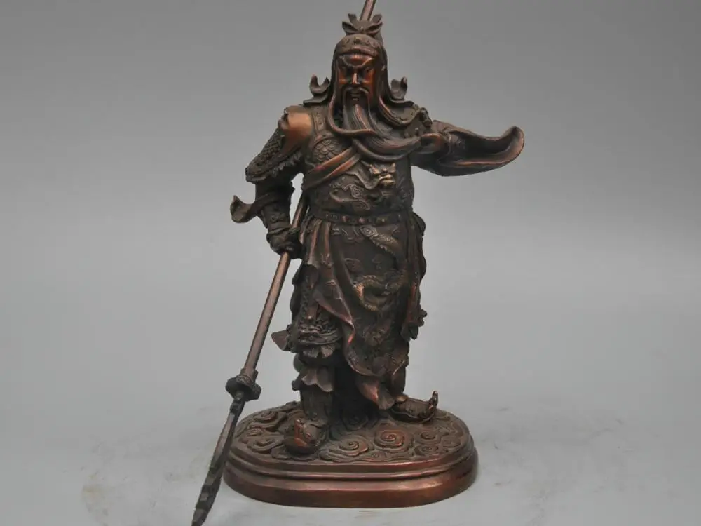 

9" China Warrior Soldier Guan gong Guan Yu Hold Dragon Sword Bronze Statue