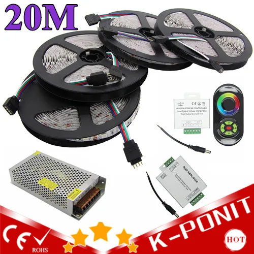 5M/Roll 20M 5050 RGB strip light 60Leds/M SMD Flexible Led Strip+18A Wireless Touch Remote Controller+24A Amplifier+20 A Power | Освещение
