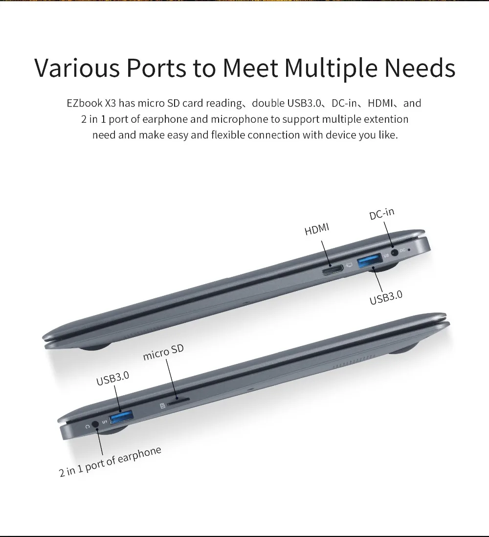 Джемпер EZbook X3 ноутбука 13,3 дюйма ips дисплей ноутбука 6 GB 64 GB eMMC Intel Apollo Lake N3350 2,4 г/5G Wi-Fi с M.2 SATA SSD слот