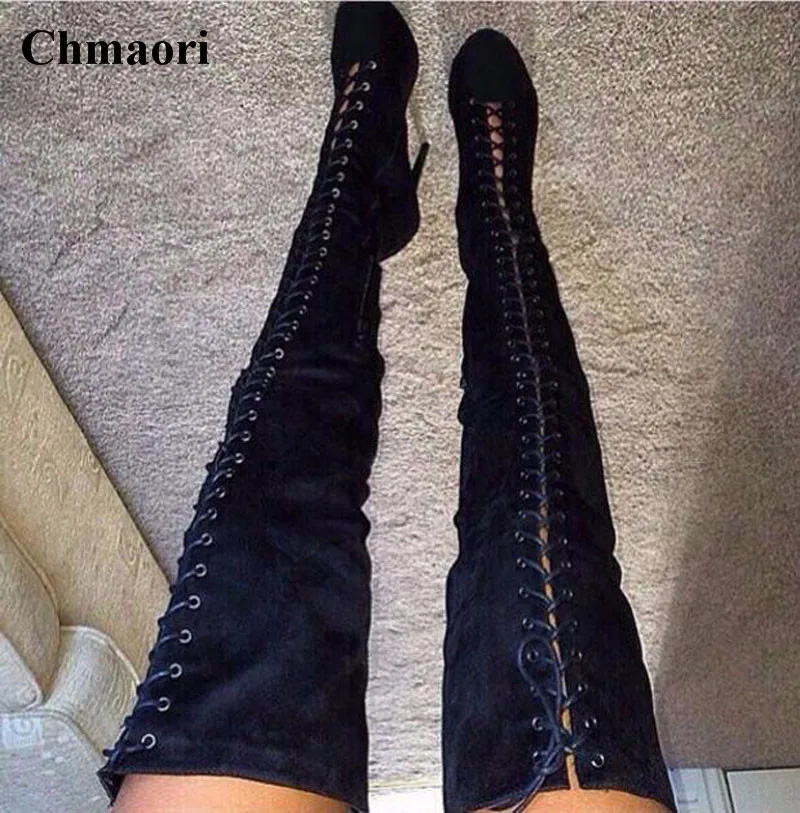 

Rome Style Women Fashion Round Toe Suede Leather Lace-up Over Knee Gladiator Boots Cut-out Long High Heel Boots
