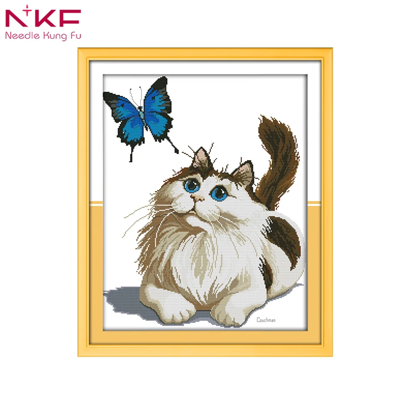 

NKF Canvas DMC Counted Cross Stitch Kits printed Cross-stitch set Embroidery Needlework Cat and butterfly