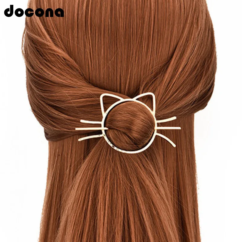 Docona сладкий милый в форме кошки, животного палочки для волос для женщин Девушка Металл Золотой Цвет. полый Hairwear ювелирные изделия Шарм ювелирные изделия 3862