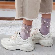 Носки Для женщин всесезонные Декоративные Солнцезащитные очки с жемчюгом хлопковые носки для девочек, Повседневное милые женские эластичные дышащие милые носки для девочек, Calcetines Mujer