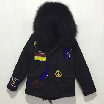 

Free Shipping Germany Beading pure black fur parka jacket raccoon big fur collar Mr Mrs coats