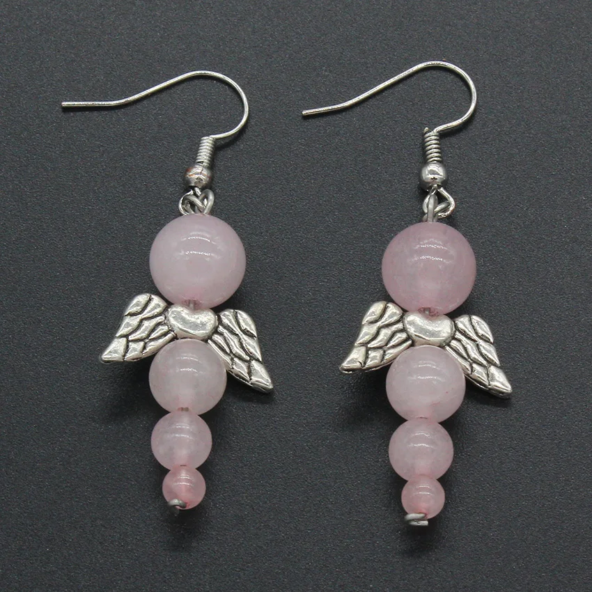 

Kraft-beads Popular Silver Plated Round Beads Angel Wing Natural Rose Pink Quartz Earrings For Women Fashion Jewelry