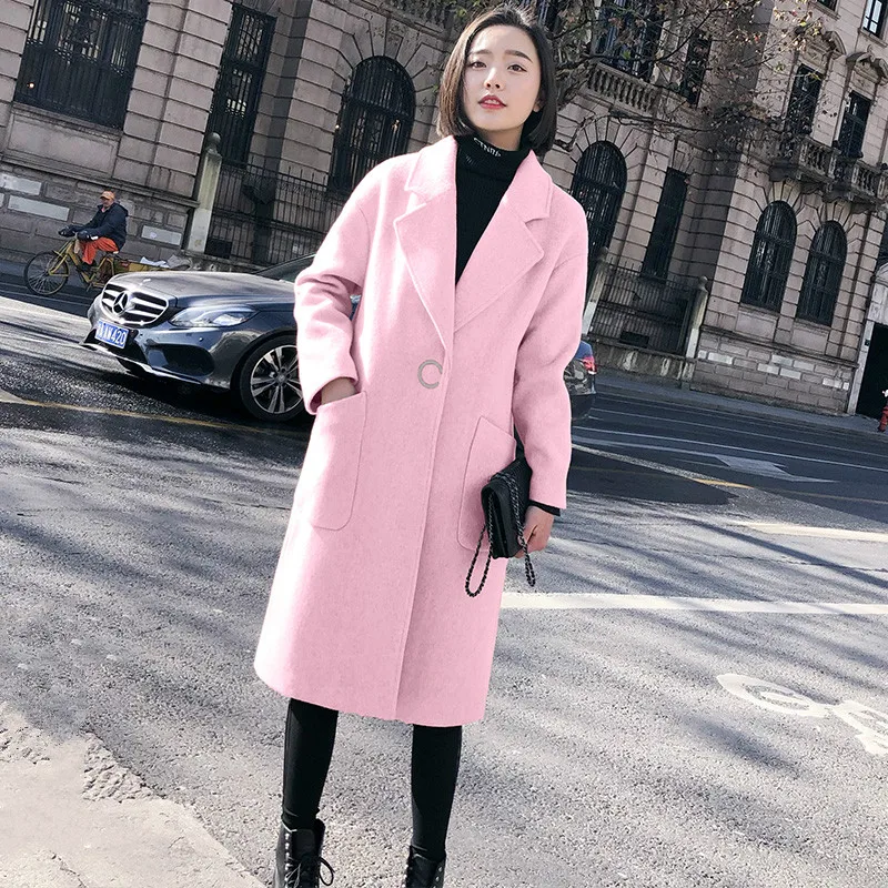 KMETRAM Woolen Winter Casual Coats Ladies Vintage Warm Long Jacket 2018 Wide Waisted Pink