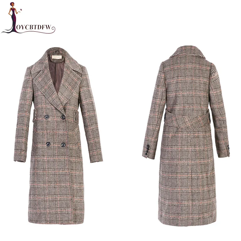 Women Woolen Coat 2018 Spring Mid long Lattice Fashion Slim Woolen Coat