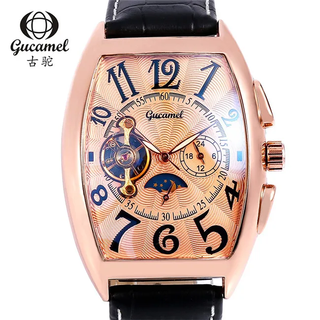 GUCAMEL Tourbillon Платье Мужские часы в деловом стиле Роскошные Tonneau деловые часы для мужчин водостойкий кожаный мужской reloj hombre - Цвет: 1