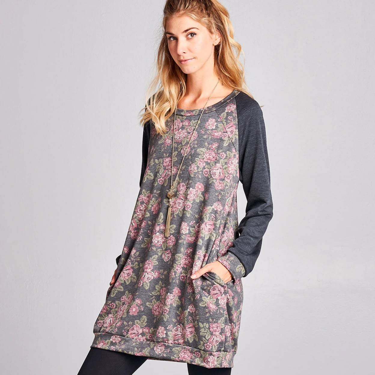 Floral French Terry Sweatshirt Dress with Pockets (1)