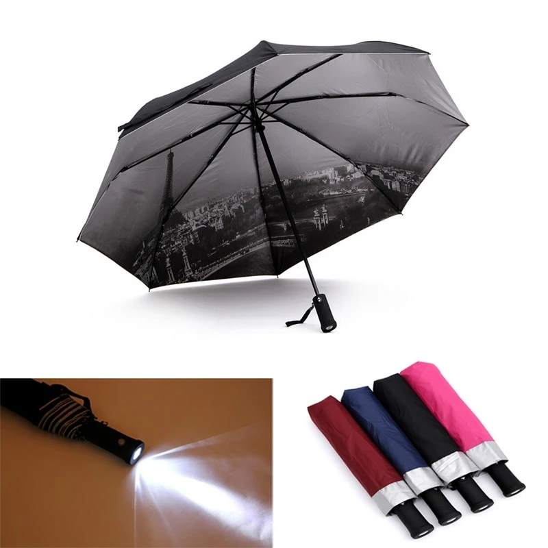 

Black/brown/Blue/Rose Red Sunshade three folding sun umbrella with LED flashlight lamp 3 x AAA Batteries (Not Included)
