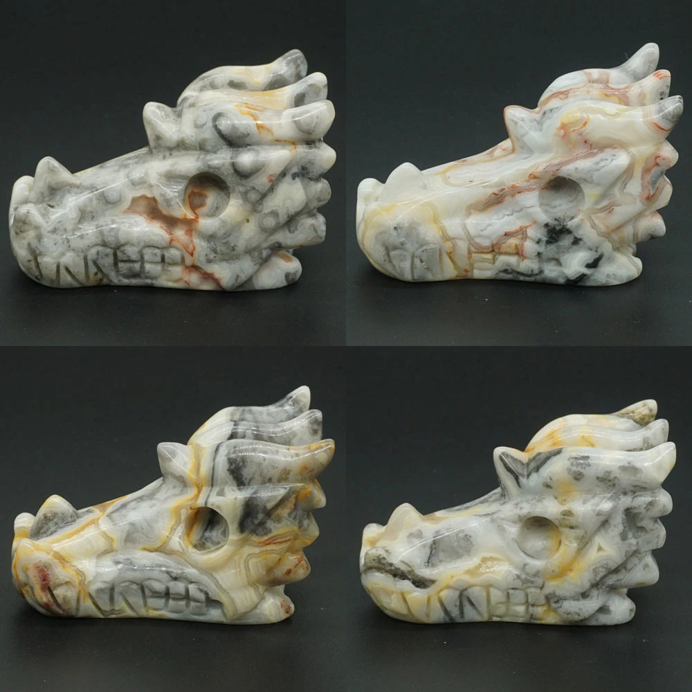 Natural Crazy agate Quartz hand carved Crystal dragon Skull Healing 1Pc