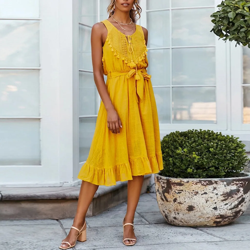 

Casual Dress Women 2019 Summer Fashion Loose Solid Sleeveless Round Neck Hollow Out Tassel Mid Calf Vestido Comfort Daily OY41*