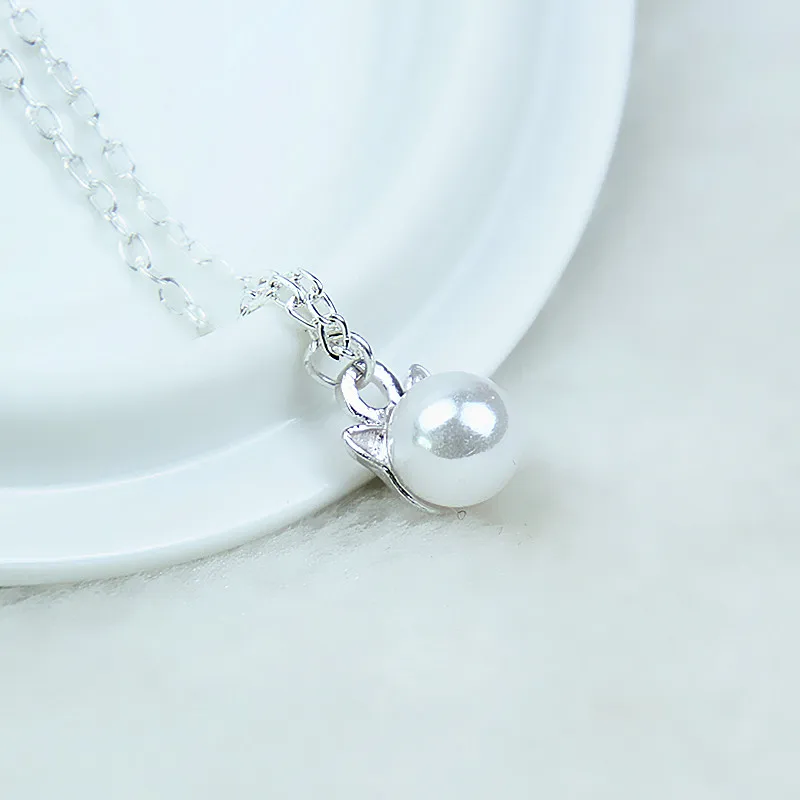 

Girl Cute Imitation Pearl Cat Head Necklace Small Cat Ear Romantic Animal Necklace&Pendant Women Jewelry Free Shipping x260