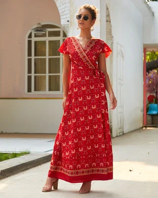 Boho женское летнее платье сексуальное пляжное платье с принтом и бантом с v-образным вырезом длиной до щиколотки асимметричное праздничное женское платье - Цвет: wine red