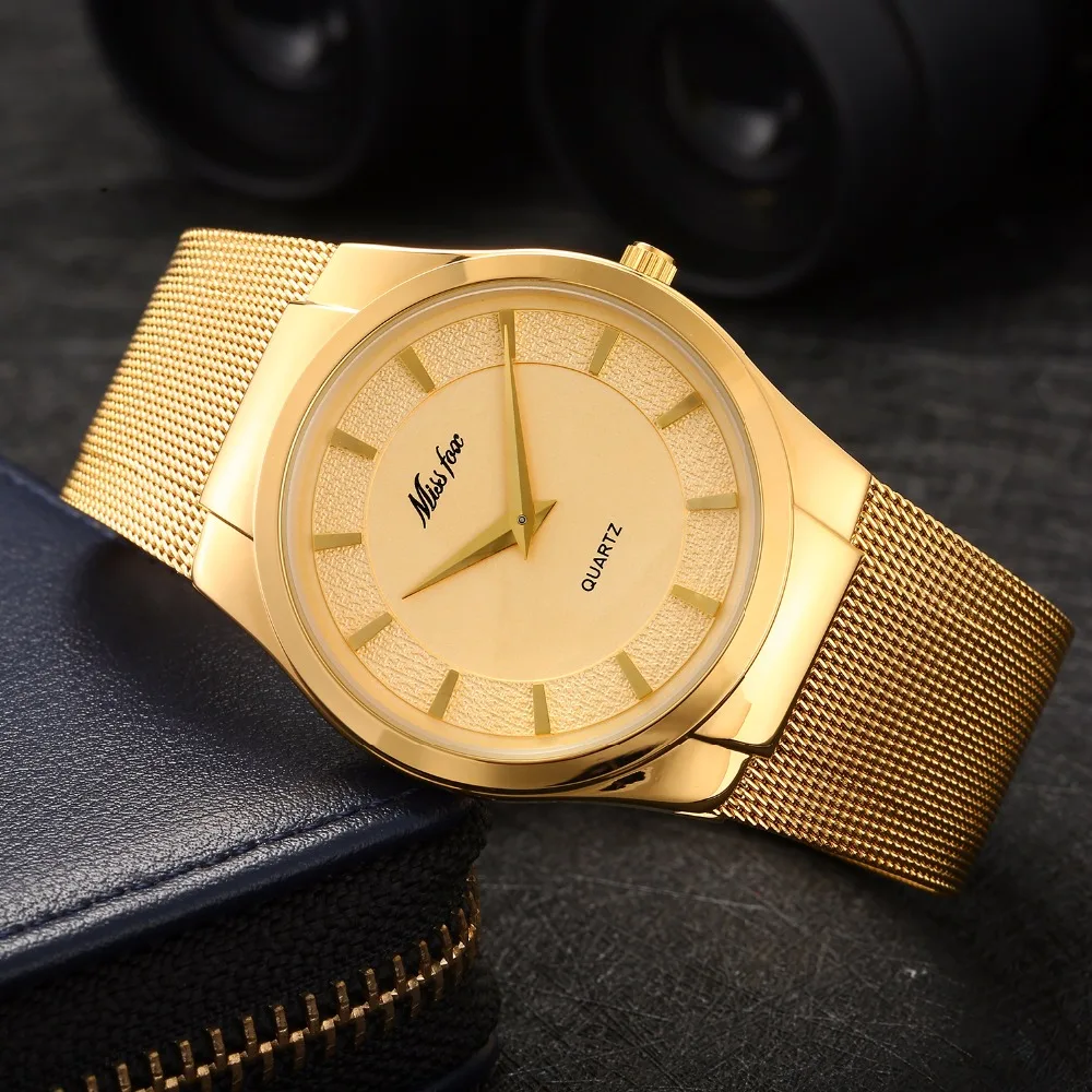 

Fashion Watch Men Missfox Tops Luxury Brand Gold Watch Stainless Steel Mesh Band Waterprrof Ananlog Male Quartz Watch With Box