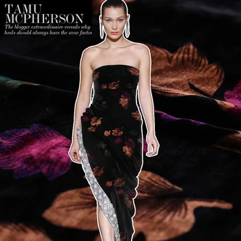 

Sale 114cm wide silk velvet fabric maple leaf autumn printed silk Qiao Rong cloth printed gold velvet cheongsam dress skirt