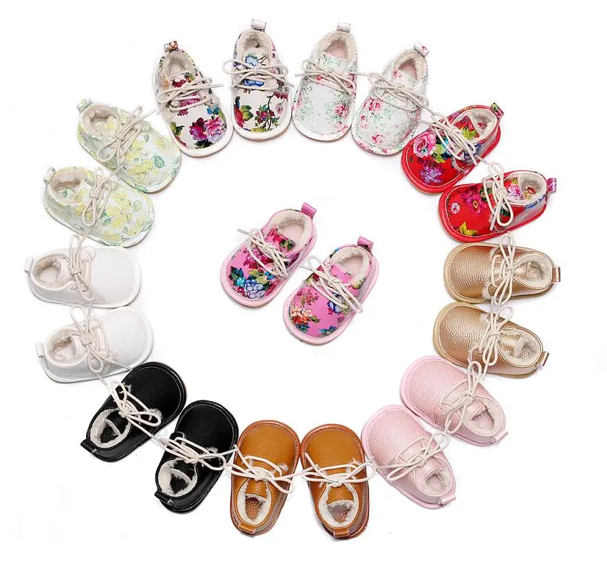 VIP Dropshiping lace up floral printing baby moccasins super warm PU leather fur winter baby shoes toddler girls boys snow boots