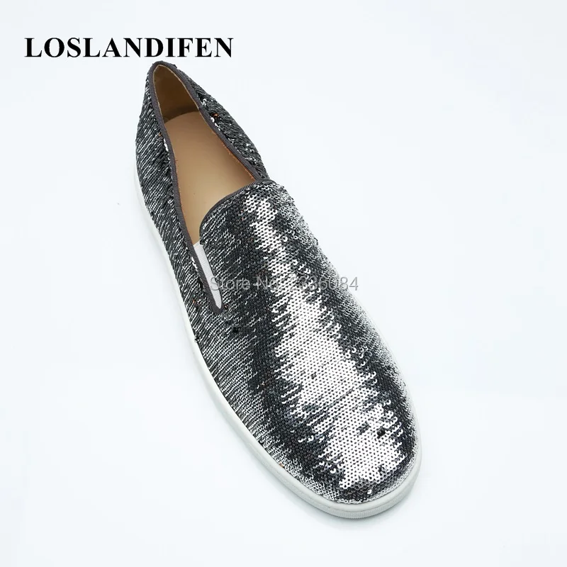 

Red bottom 2018 Brand New Sapato Masculino Flat Heel Men's Footwear Glittering Silver Mens Shoes Loafers Chic Gentleman Shoes