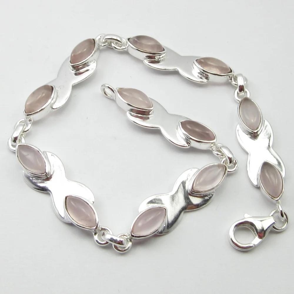 

Stamp Solid Silver Pink ROSE Quartzs Bracelet 8" ! Indian Jewelry
